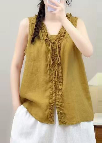 Yellow Ruffled Linen Shirt Tops Sleeveless
