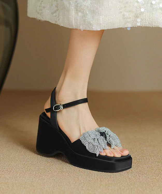 Zircon Bow Splicing Wedge Sandals Blue Cowhide Leather