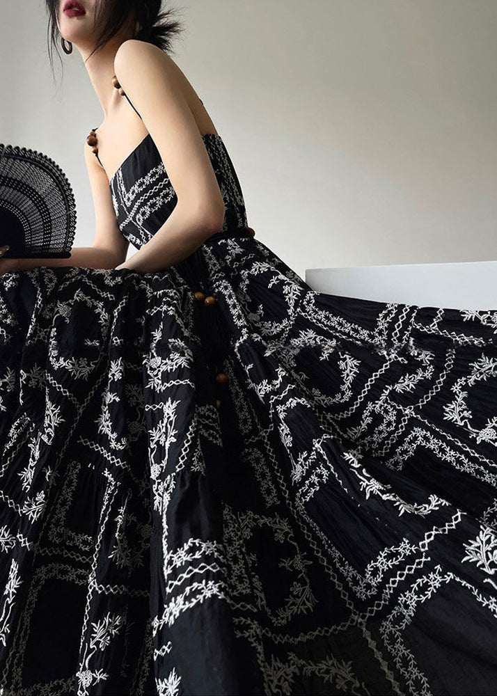Novelty Black Print Tie Waist Cotton Spaghetti Strap Dress Sleeveless