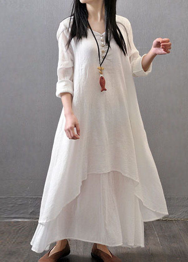 Long Sleeve Double Layers Button Asymmetric Orange Polka Dots Maxi Dress