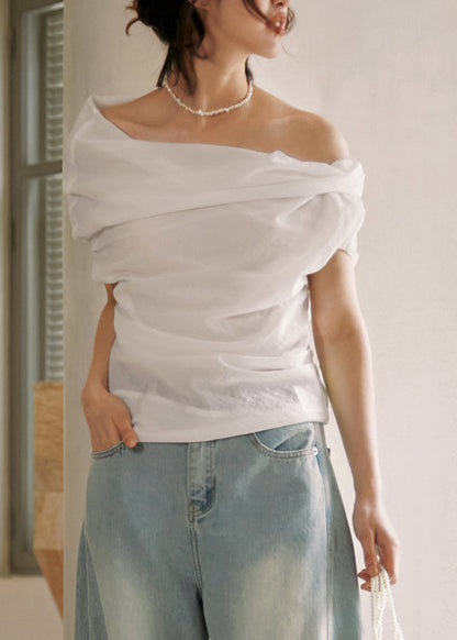 Black Slash Neck Wrinkled Cotton Shirt Summer