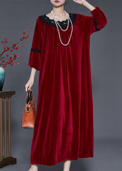 Mulberry Oversized Patchwork Lace Silk Velvet Dress Fall