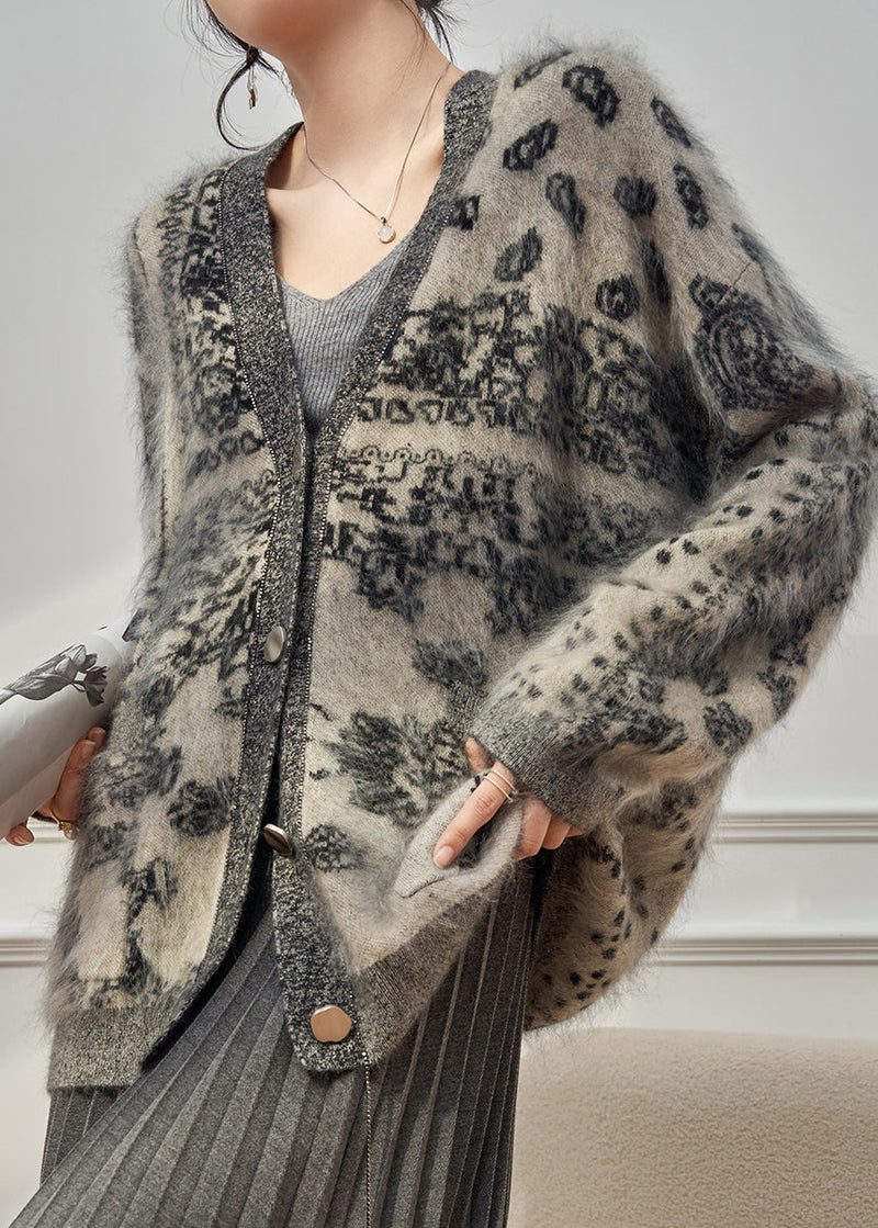 Grey V Neck Print Cotton Knit Cardigan Long Sleeve