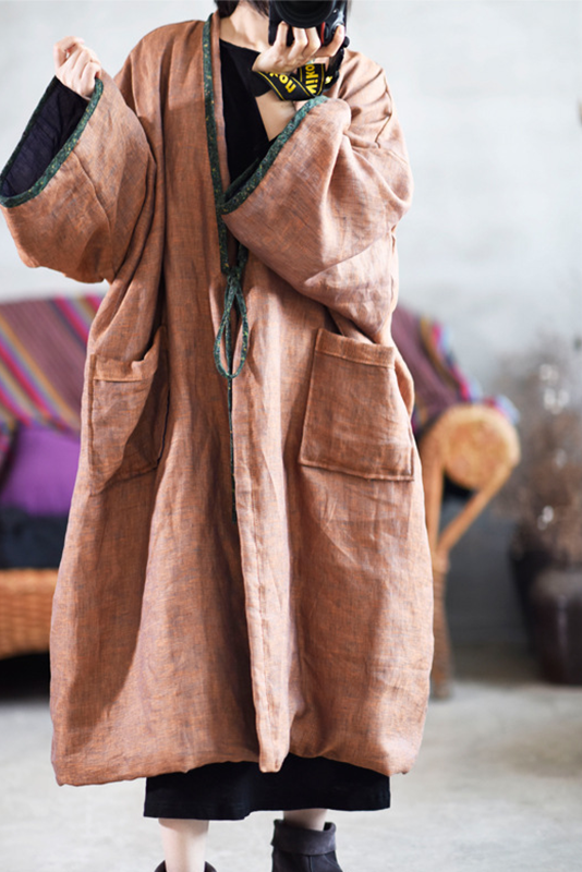 -retro Coffee Large Pocket Cardigan Cotton Linen Trench Coat