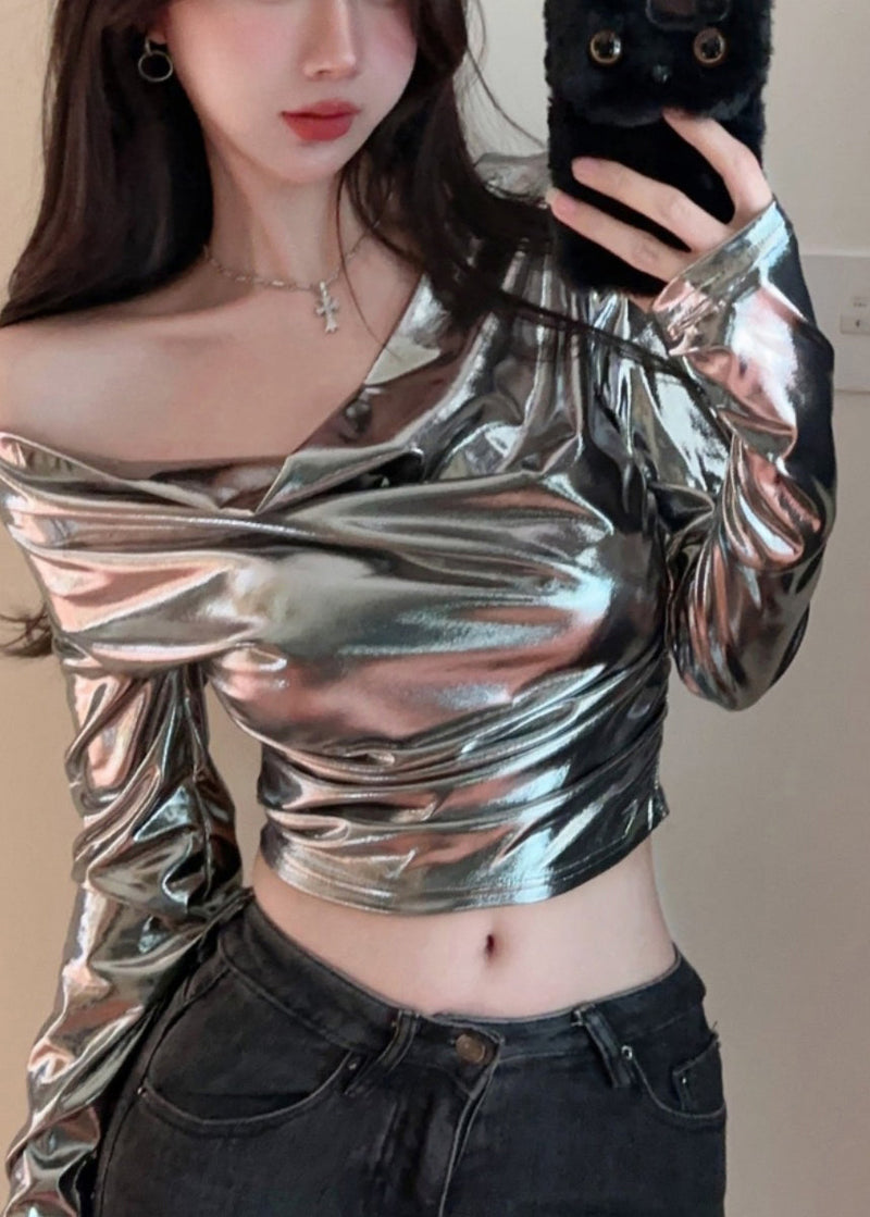 Original Design Silvery Turtle Neck Tops Spring