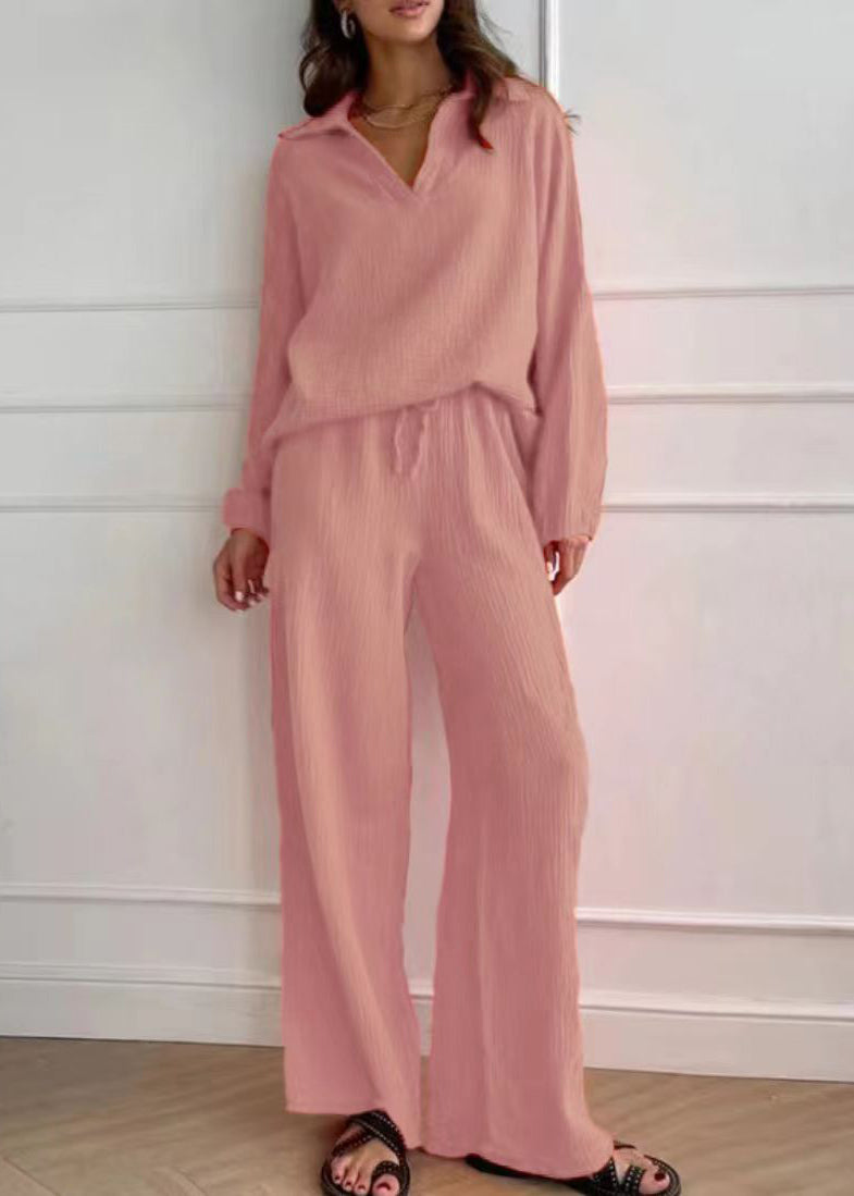 Simple White Peter Pan Collar Top and Pants Cotton Two Pieces Set Spring