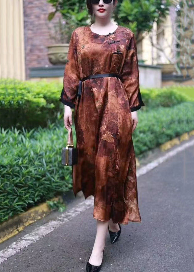 Loose Brown Print Lace Up Silk Long Dresses Spring