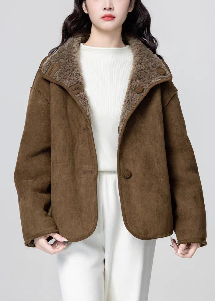Brown Pockets Wear on Both Sides Fluffy Faux Suede Coats Stand Collar