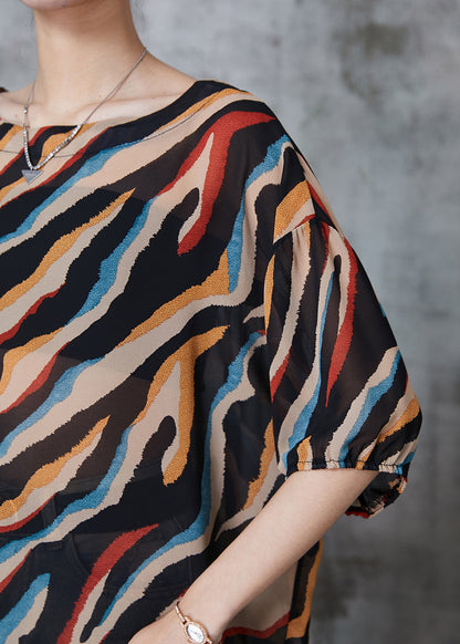 Khaki Oversized Striped Chiffon Tops Summer