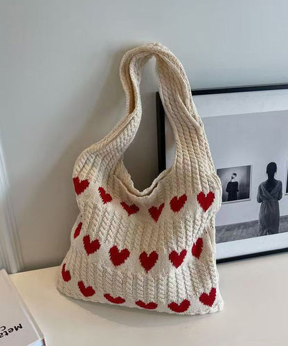 Minimally Khaki Hollowed Out Heart Knitted Shoulder Bag
