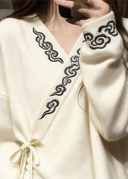 White V Neck Embroidered Lace Up Knit Sweaters Fall
