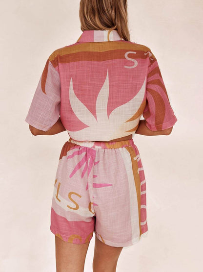 Loose Printed Bright Sun Vacation Shirt Shorts Set