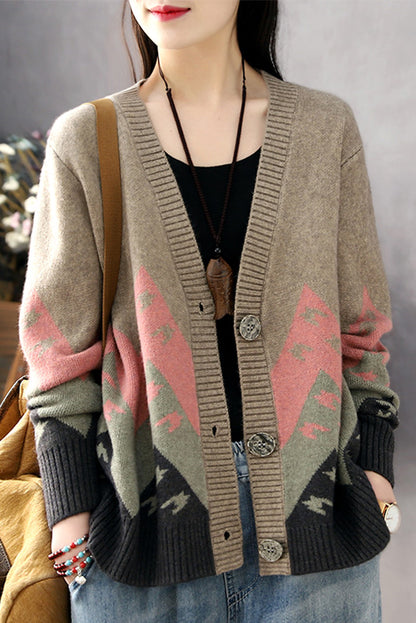 Contrast Color Loose Coat Knitted Cardigan
