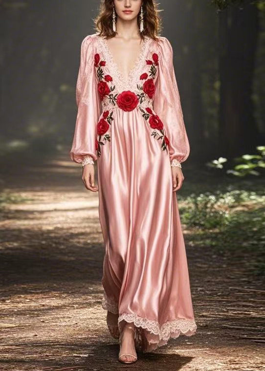Novelty Pink V Neck Patchwork Silk Long Dress Spring