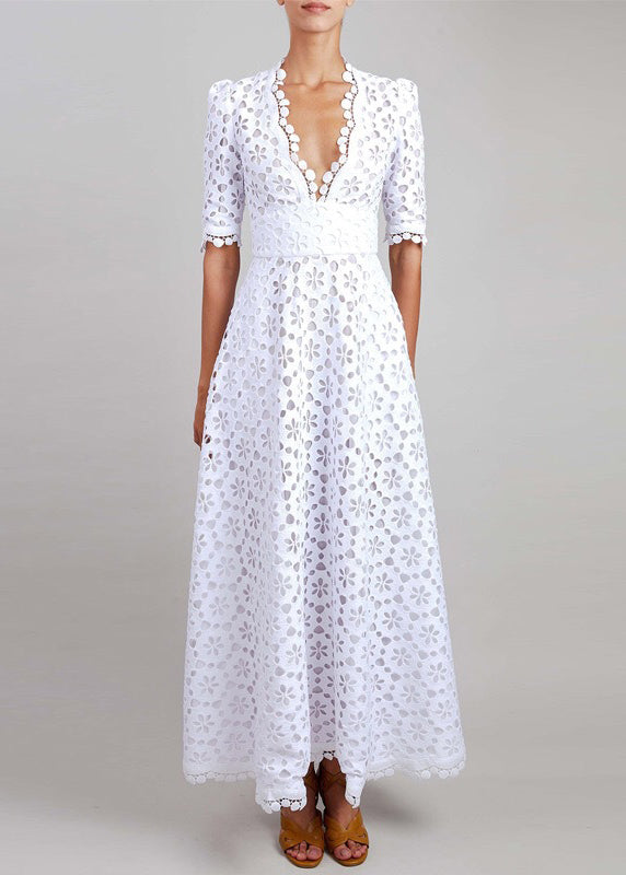 French White V Neck Patchwork Lace Long Dress Summer