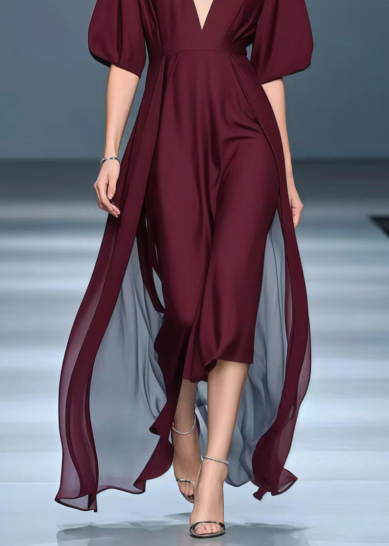 Mulberry Deep-v Neck Exra Large Hem Chiffon Vacation Dresses Summer