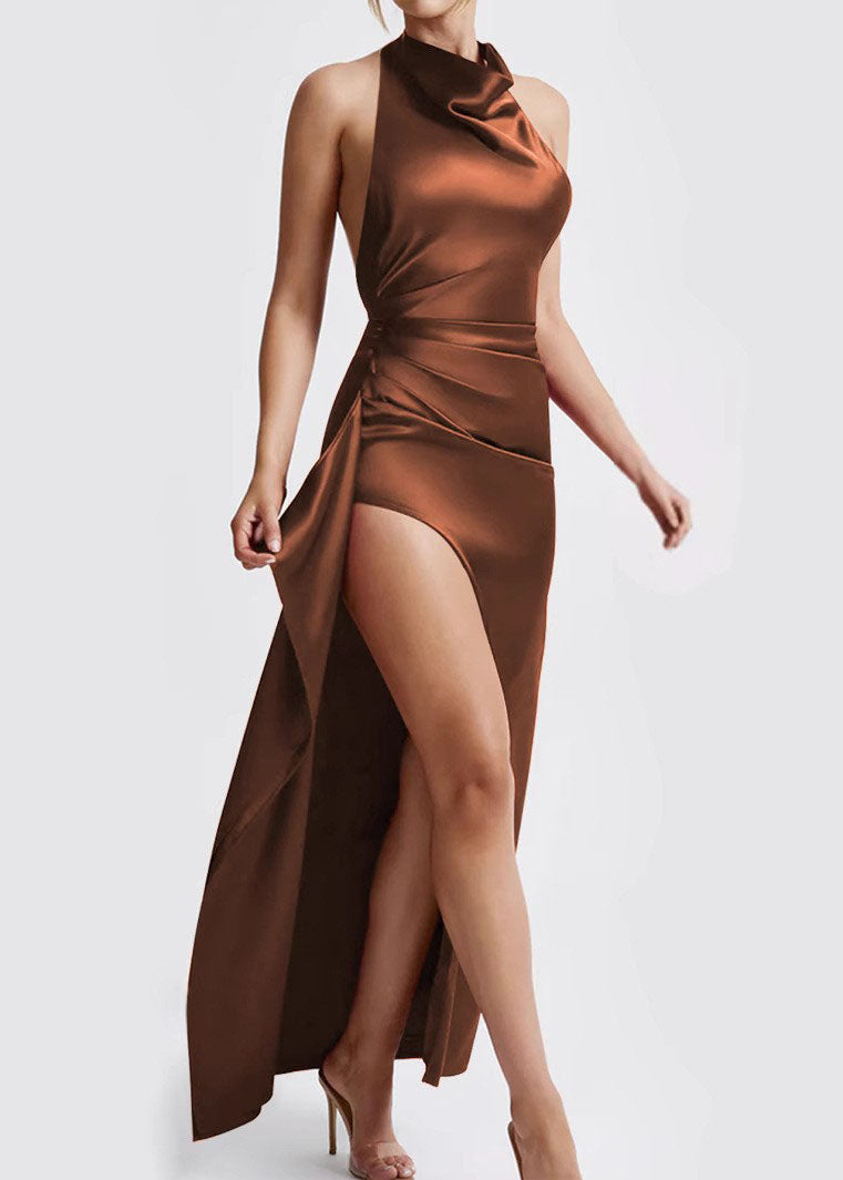 Coffee Side Open Wrinkled Silk Maxi Dresses Summer