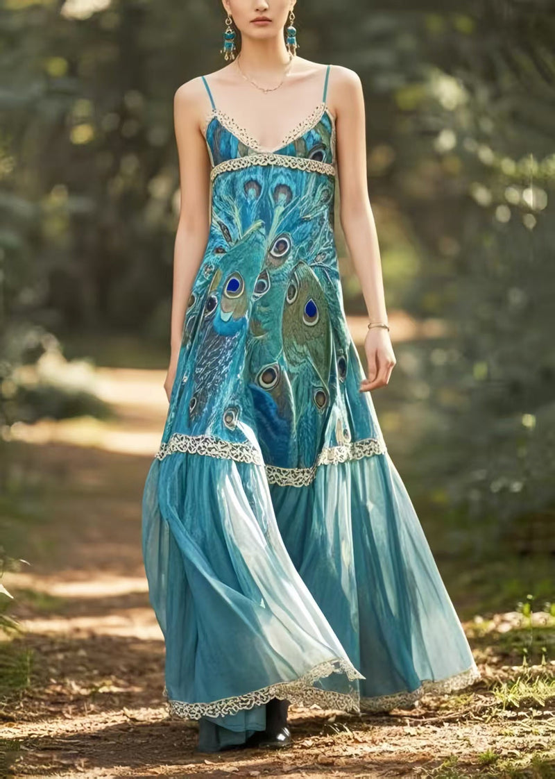 Style Peacock Blue Print Chiffon Spaghetti Strap Dress Summer