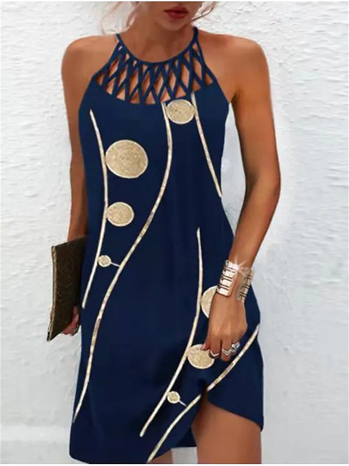 A Line Dress Knee Length Dress Leopard Black Blue Wine Dark Blue Sleeveless Print Print Summer Halter Neck