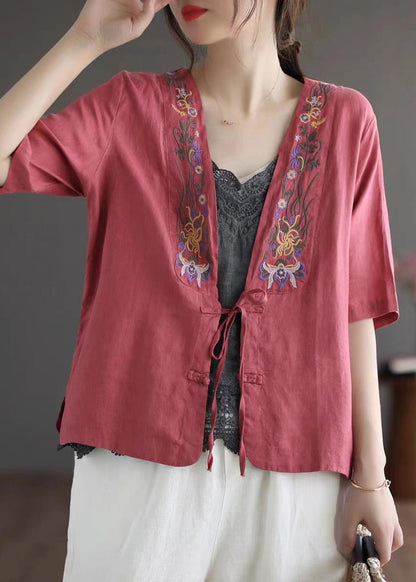 Red V Neck Embroidered Tie Waist Linen Top Short Sleeve