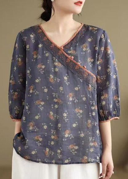Navy Embroidered Patchwork T Shirt Short Sleeve