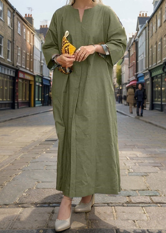 Khaki V Neck Cotton Maxi Dresses Summer