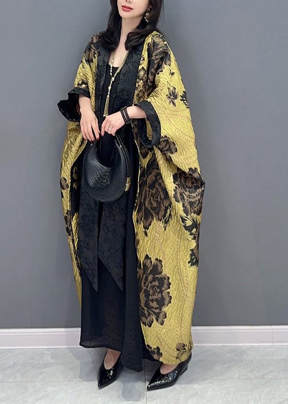 Chinese Style Yellow Patchwork Cotton Cardigan Batwing Sleeve