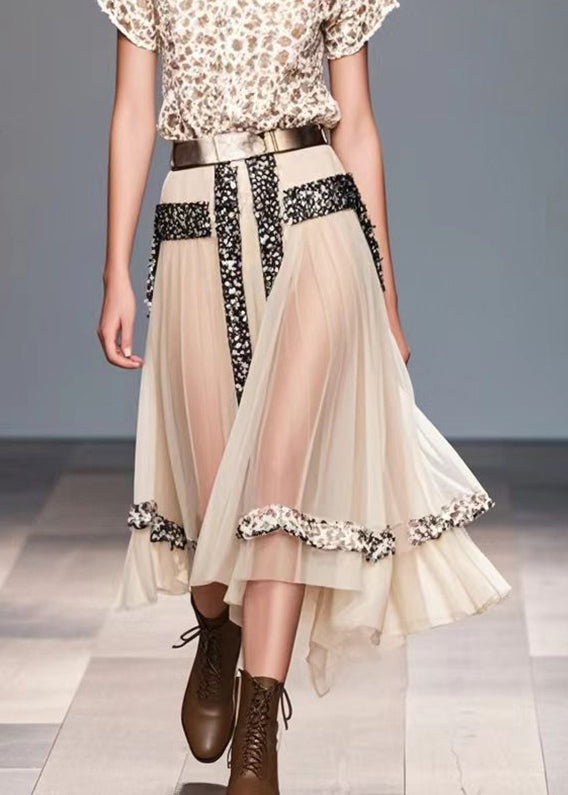 Beige Exra Large Hem Patchwork Silk Holiday Skirt Summer