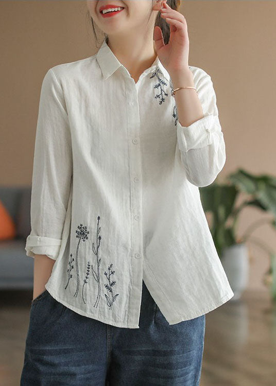 French White Peter Pan Collar Embroidered Cotton Shirt Tops Spring