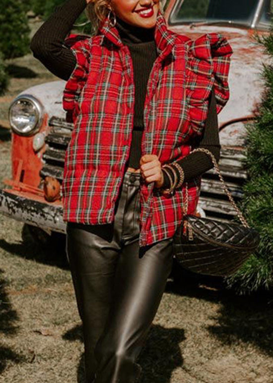 Red Ruffled Plaid Fine Cotton Filled Vest Tops Winter