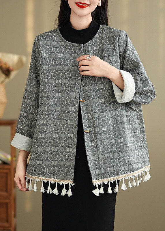 Chinese Style O-neck Tassel Jacquard Cotton Coat Spring