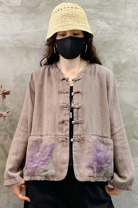 Fall New Button Down Cropped Cardigan Linen Print Coat