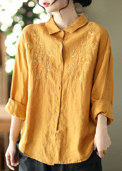 Simple Yellow Button Peter Pan Collar Embroidered Linen Blouse Top Long Sleeve