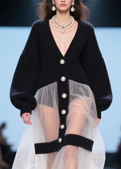 Black V Neck Tulle Patchwork Knit Loose Coat Fall