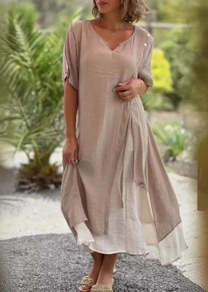 Loose Khaki V Neck False Two Pieces Patchwork Cotton Dress Summer