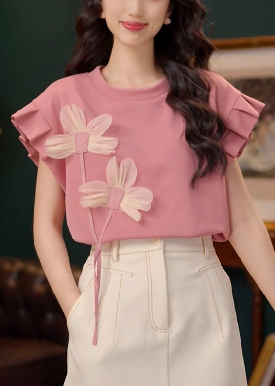 Pink O Neck Patchwork Cotton T Shirt Summer
