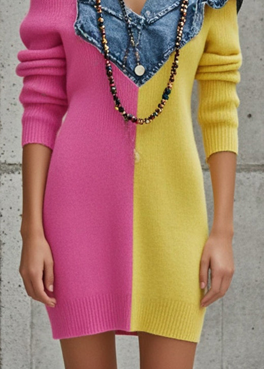 Cold Shoulder Asymmetrical Patchwork Denim Sweater Dress Fall