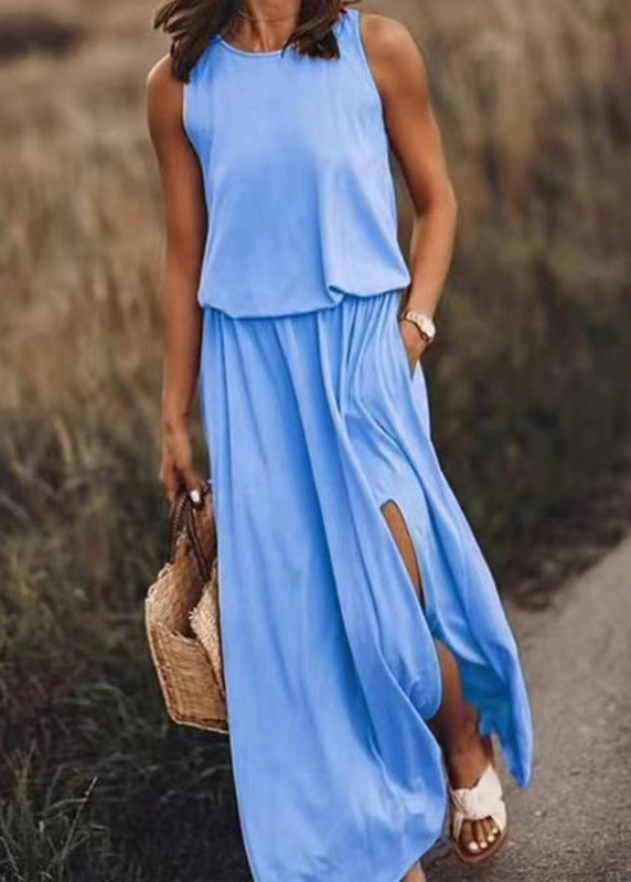 Khaki O Neck Side Open Cotton Dress Sleeveless