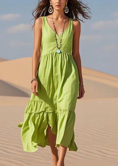 Fruit Green V Neck Cotton Summer Dress Sleeveless