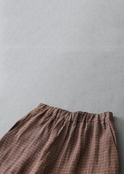 Plaid Pockets Elastic Waist Linen Crop Pants Summer
