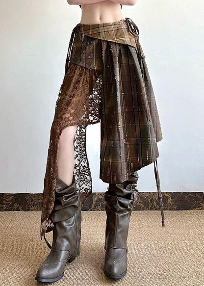 Plaid Asymmetrical Lace Patchwork Cotton Skirt Summer