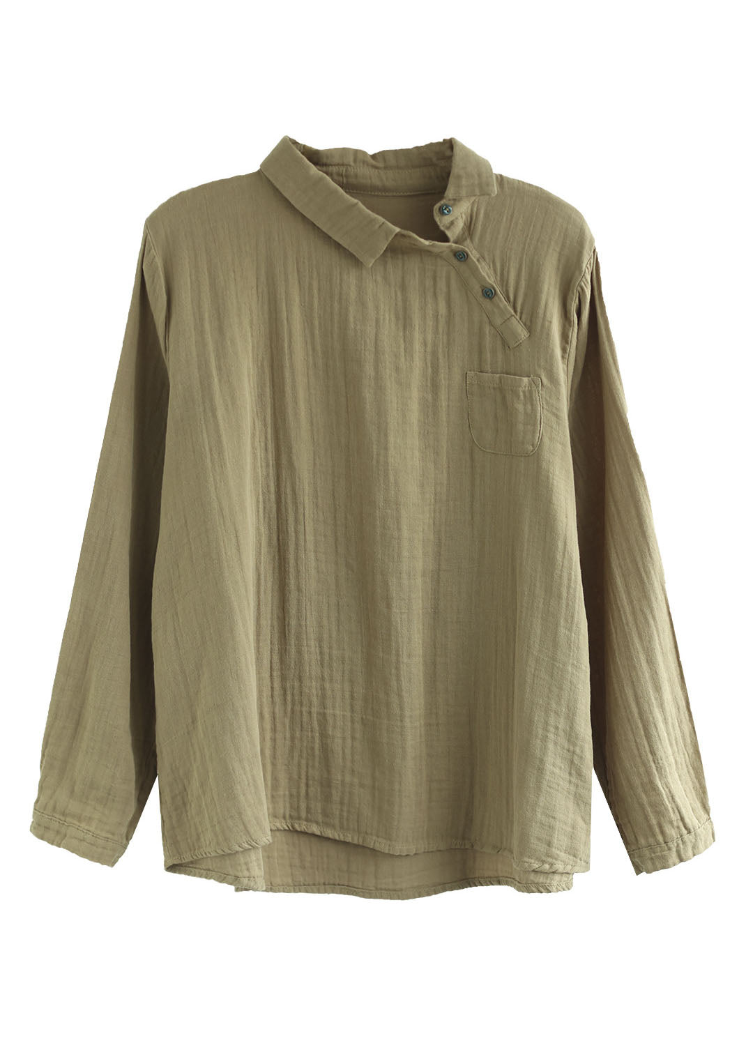 Khaki Button Peter Pan Collar Asymmetrical Design Cotton Tops Long Sleeve