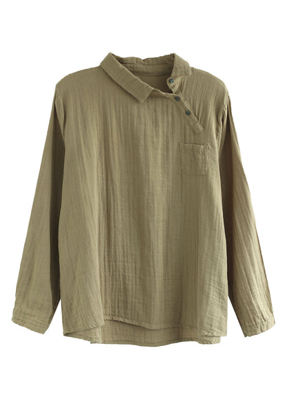 Khaki Button Peter Pan Collar Asymmetrical Design Cotton Tops Long Sleeve