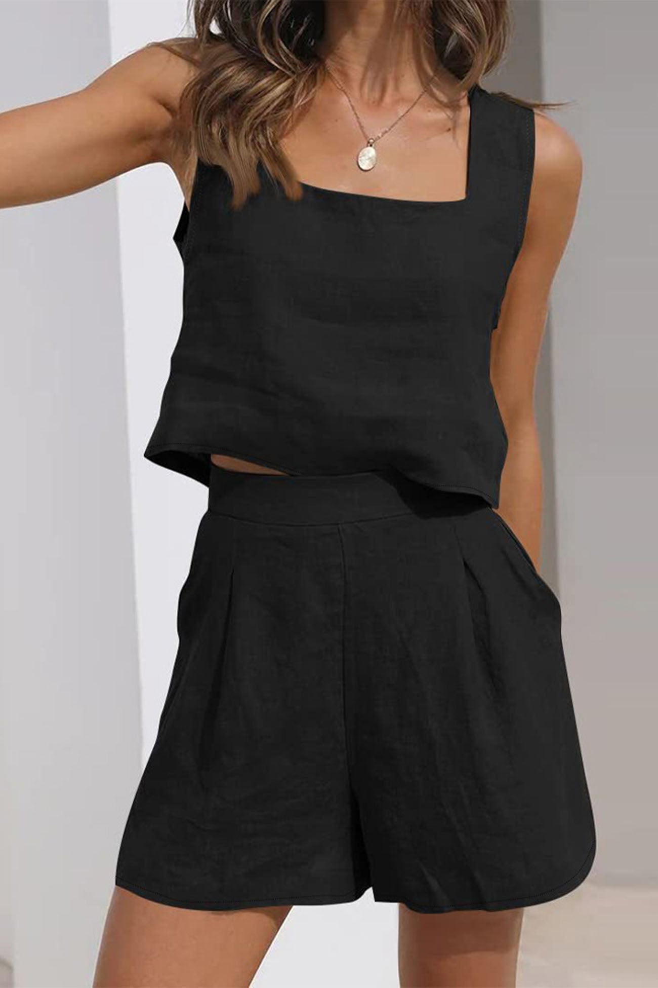 Tank Top Square Neck Pocket Shorts Set