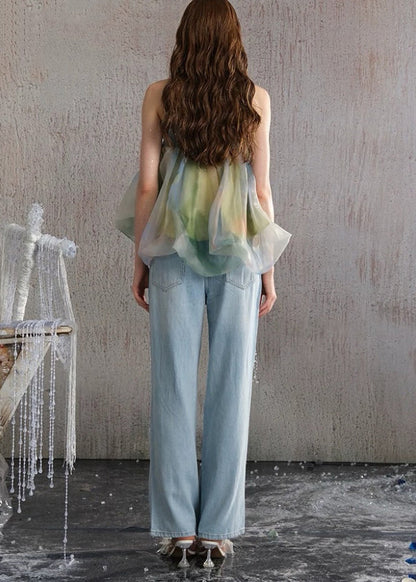 Green Backless Print Chiffon Strapless Vests Summer