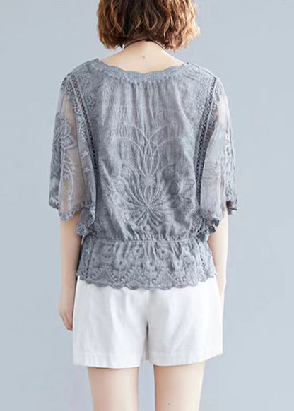 Grey Embroidered Hollow Out Cotton Top Batwing Sleeve