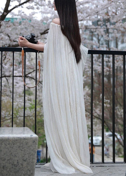 White Slash Neck Wrinkled Cotton Maxi Dress Sleeveless