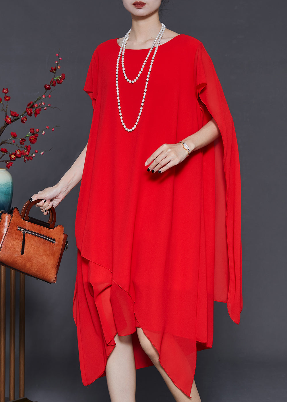 Red Oversized Chiffon Holiday Dress Summer