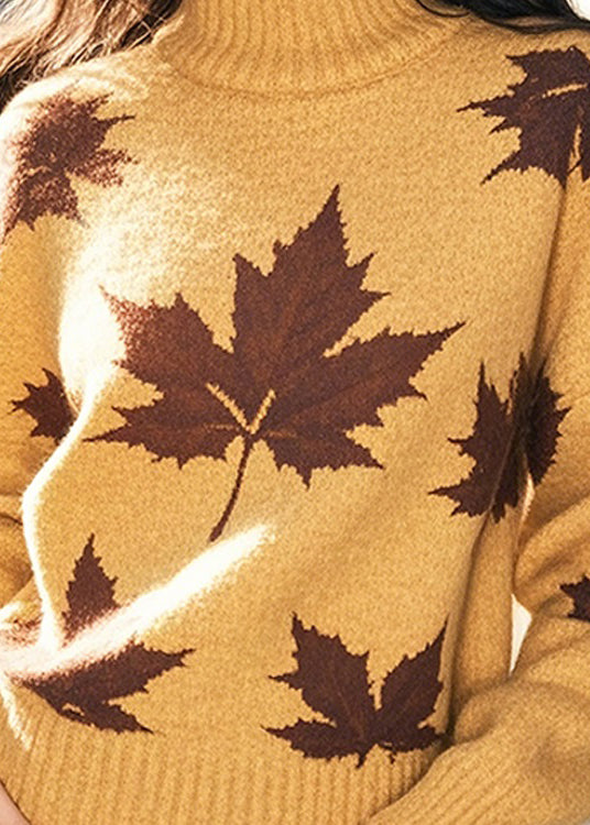 Yellow Hign Neck Thick Print Knit Sweaters Winter