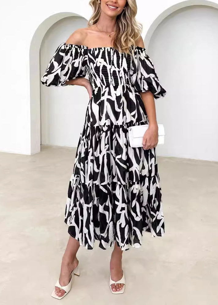 Holiday Style Green Puff Sleeve Print Wrinkled Cotton Maxi Dress